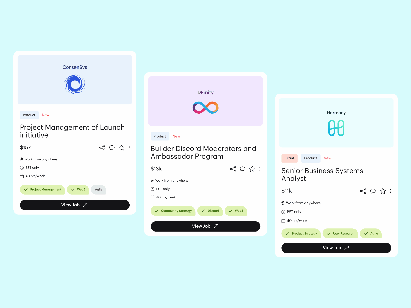 Job Cards ✨ design engineering freelance full time grants job search jobs product design talent ui ux web3