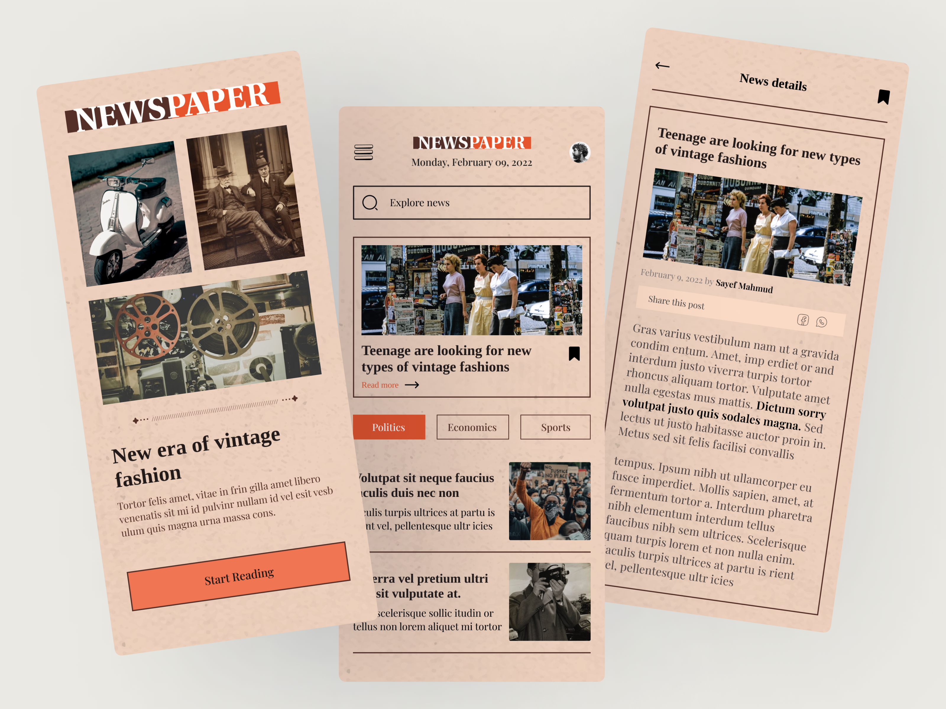 News app UI vintage style