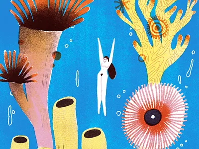 Dive book coral dive editorial hand drawn illustration marine nature ocean procreate retro sea sea life swim woman