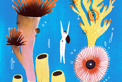 Dive book coral dive editorial hand drawn illustration marine nature ocean procreate retro sea sea life swim woman