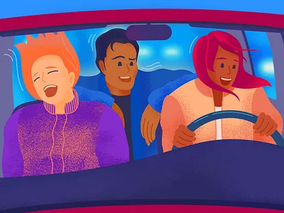 DAO (editorial) blue buddy movie car ride characters colorful editorial friends fun girls illustration night at the roxbury party party hard positive road road trip zoomer generation zoomers