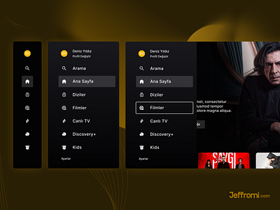 Smart TV Movie App / Sidebar Design amazon prime blutv expanded sidebar home page jeffromi menu icon movie movie app netflix product design profile search bar search box side navigation sidebar sidebar navigation smart tv tv series ui design ux design