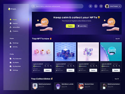 Expo - NFT Webapp bitcoin crypto cryptoartist cryptocurrency dark ui digital art ethereum fintech nft nftcollector nftgallery nfttoken ui ux web application webapp wev ui