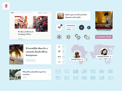 Travel company - UI assets cards clean countries design dev kit map product travel ui web