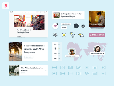 Travel company - UI assets cards clean countries design dev kit map product travel ui web