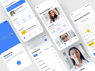 Doctor Appointment Mobile App app app design appointment blue calendar categories clean clinics design doctor doctors health health app home medical medical app medicine minimal profile ui