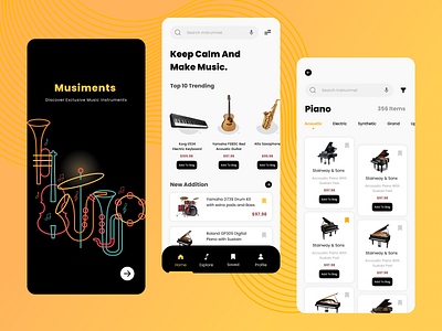 Musical instruments shop app - Black Theme app app design band clean ui dailyui dark design ecommerce flat guitar instruments minimal mobile app mobile app design music online store piano uiux violin voice