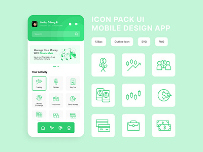 Icon Pack UI Kit Mobile Design App figma finance app graphic design icon design icon set interface design invest app logo design mobile ui kit outline icon ui ui green theme ui kit ux vector