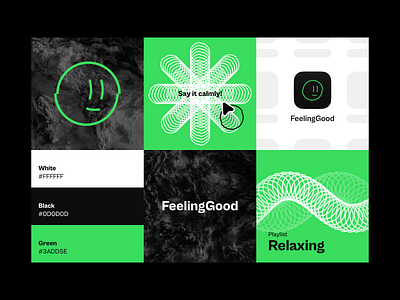 FeelingGood Visual Identity ads app black branding cover design feeling good good graphic design icon icon design logo minimal mouse podcast relax relaxing ui visual visual identity