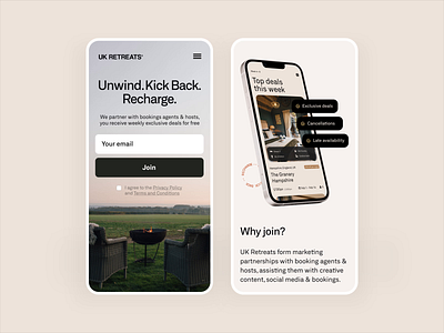 UK Retreats – Mobile Landing Page bazen agency booking branding business marketing landing page design landing page ui marketing agency mobile landing page mobile ui mobile website rental responsive tourism travel travel guide ui ux ux retreats website design