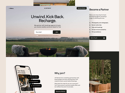 UK Retreats – Landing page bazen agency booking branding business marketing landing page design landing page ui marketing agency rental tourism travel travel guide ui ux website desing