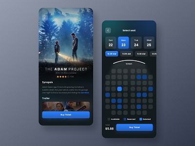 NDelok - Cinema Ticket Reservation App booking booking app cinema cinema app cinematic dark dark mode film minimalist mobile app movie app movies reserve ticket app ticket booking ui ux