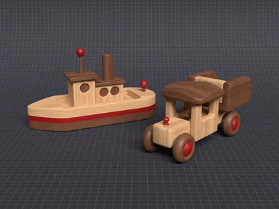 Wooden Toys 3d art auto automobile blender blender3d boat car carpentry craft illustration paint render ship texture toy transport vehicle wood