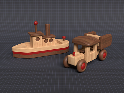 Wooden Toys 3d art auto automobile blender blender3d boat car carpentry craft illustration paint render ship texture toy transport vehicle wood