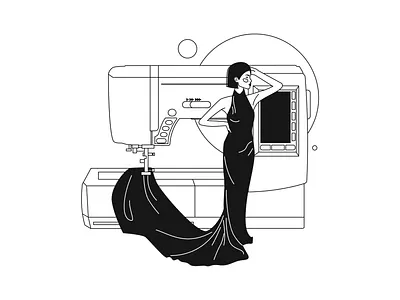 Woman in black dress with sewing machine art black dress clothes design fashion fashion designer fashion magazine illustration lineart model photo seamstress sewing machine style stylist tailoring vector woman