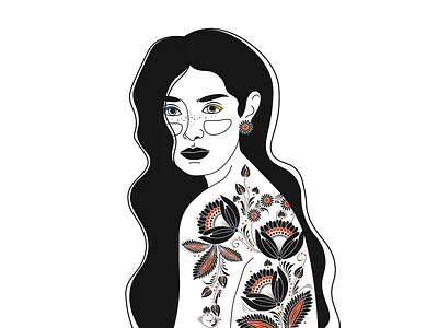 Ukrainian woman with a tattoo art black black white blue design dnipro illustration linear image model ornament petrikovskaya painting photo red ukraine ukrainian painting vector woman yellow