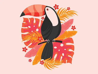 Tropical Toucan adobe illustrator banana leaves bird colorful elivera designs exotic exotic bird illustration orange palm tree leaves red surface design t shirt design toucan tropical tropical bird tropical leaves vector vector illustration yellow