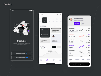 Doc&Co. black calendar care dark dashboard date doctor graph health medical message minimalist mobile numbers report splash ui