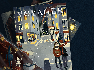 SOLO VOYAGER WINTER COVER 2d bookcover children book christmastree christmst city couple design drawing gifts illustration illustratted love magazinecover new york painting photoshop shopping snow winter