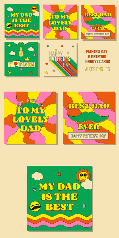 5 Greeting Cards Happy Father's Day hippie illustration post psychedelic summer vector vintage