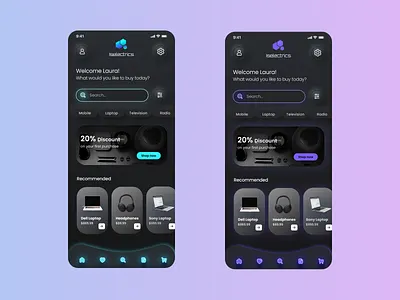 Electronic ecommerce app - glassmorphism neumorphism Dark UI app branding dark ui design ecommerce app electronics app figma glassmorphism illustration logo mobile neumorphism ui ux vector