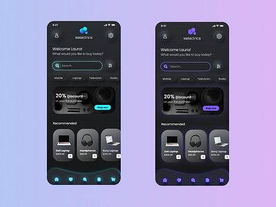 Electronic ecommerce app - glassmorphism neumorphism Dark UI app branding dark ui design ecommerce app electronics app figma glassmorphism illustration logo mobile neumorphism ui ux vector