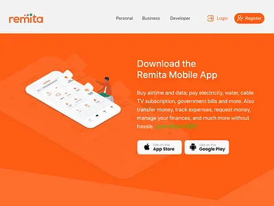 Remita mobile app Landing page 3d animation branding design graphic design illustration logo motion graphics ui vector