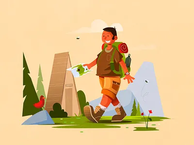 Hiking in nature adventure backpacking bird character character design design digital art illustration mountains nature relax vacation vector