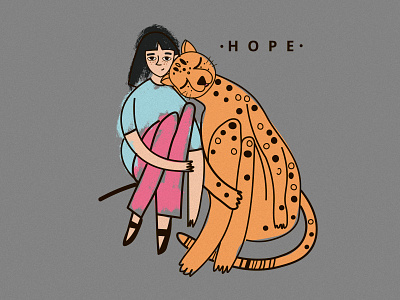 My favorite pet character character design cute flat girl graphic design gray hug illustration leopard pet tiger together woman