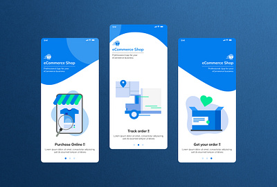 eCommerce Onboarding Screens application design ecommerce ecommerceapp graphic design illustration iphone mobile app mobile design onboarding purchase order screens shopping trackorder ui uiux uxdesign vector