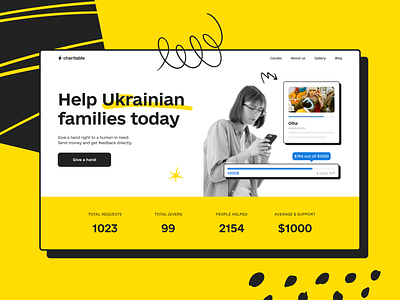 Charitable Home page brutalism cards charity clean flat home page illustration landing page minimalism neubrutalism typography ui ui ux ukraine volunteer