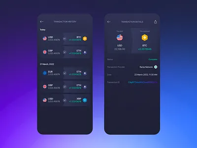 Buy Crypto - Transaction History app bitcoin blockchain crypto dark detail ethereum exodus fiat history transaction history ui usd ux