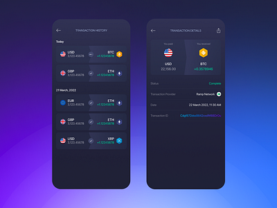 Buy Crypto - Transaction History app bitcoin blockchain crypto dark detail ethereum exodus fiat history transaction history ui usd ux