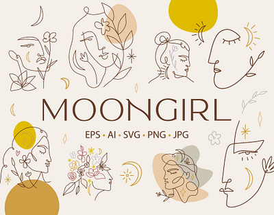 Moongirl Bundle abstract boho bundle floral girl icons illustration line art linear logos meditation modern moonchild sacred woman vector woman