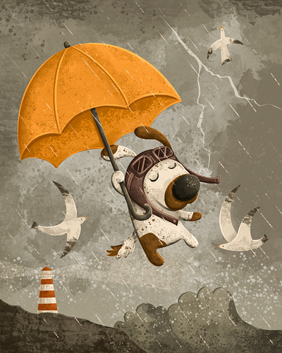 Natural phenomenon book character children design dog flying graphic design illustration pet photoshop procreate puppy rain storm texture umbrella