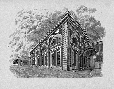 «Arsenal» plant old building (Saint Petersburg) engrave engraving illustration ink lineart strokes woodcut