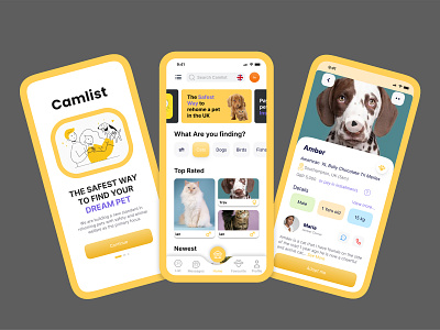 Camlist THE SAFEST WAY TO FIND YOUR DREAM PET illustration pet shop app ui design