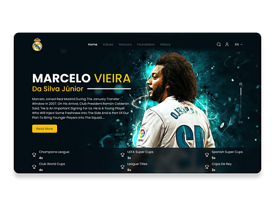 Real Madrid Legend Marcelo Vieira Landing Page app barcelona branding dashboard design figma football landing page logo marcelo messi mobile apps product design real madrid ronaldo ucl ui ux design vector website