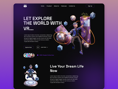 Virtual Reality Landing Page Design blockchain clean dark mode design gruadient homepage illustration interface landing page landing page design metaverse modern nft technology ui ui design virtual reality vr web design website