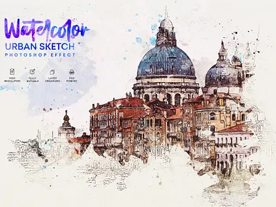 Watercolor Urban Sketch Photoshop Effect action art banner branding canvas art design digital art digital painting paint painting photo effect photoshop effect sketch social media banner urban sketch watercolor watercolor paint