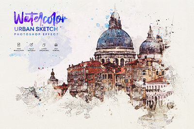 Watercolor Urban Sketch Photoshop Effect action art banner branding canvas art design digital art digital painting paint painting photo effect photoshop effect sketch social media banner urban sketch watercolor watercolor paint