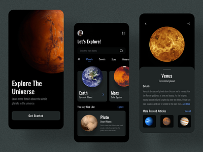 Planet Learning App app design app ui app ui design black dark app dark ui learning app planet learning planet learning app