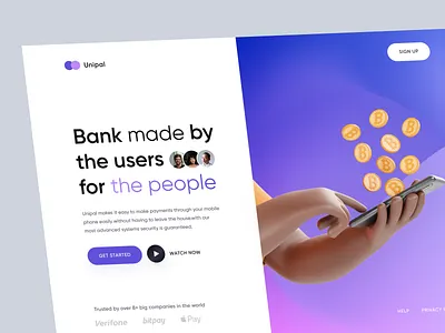 Unipal Fintech Landing Page 3d app app ui application bank banking branding card design fibtech finance flat hero landing light minimal payment ui web ui website ui