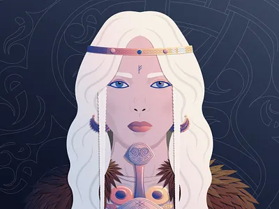 MoonSparks Goddesses - Goddess Freyja blue contrast flat design freyja goddess illustration mythology nft nft art nft artist nft community pink portrait vector vector illustration viking women yellow