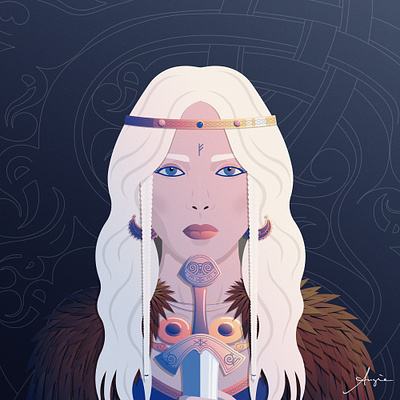 MoonSparks Goddesses - Goddess Freyja blue contrast flat design freyja goddess illustration mythology nft nft art nft artist nft community pink portrait vector vector illustration viking women yellow