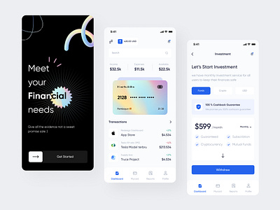 Investment App app bank black crypto finance financial funds guarantee investment list menu money nft onboarding payment rainbow splash tag transaction wallet