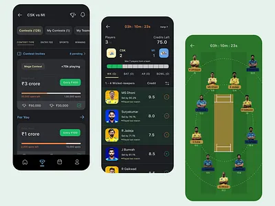 Fantasy Sports App app screens clean clean design cricket fantasy fantasy app design fantasy app ui fantasy cricket fantasy sports ipl mobile app ui ui concept