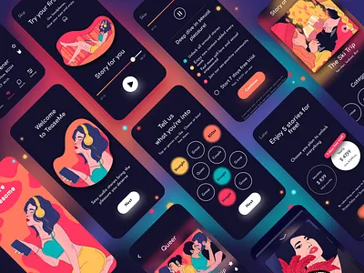 Onboarding for erotic stories app app audio stories choice dark erotica illustration mobile night theme onboarding paywall splash ui vector