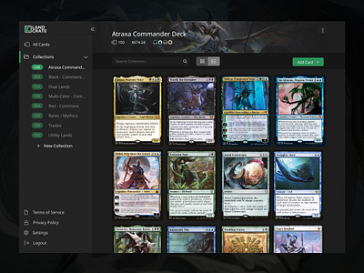 LandCrate - MTG Collection Tracker branding cards collection collection tracker dark ui dark ux design green grid logo magic the gathering mtg ui ux web design