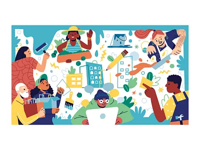 Urban Experience Alliance abstract build buildings chef connection construction cooking design food housing illustration man paint pattern people plants shapes vector woman